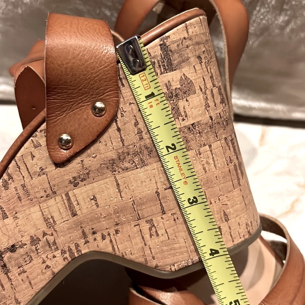 LK NW MOSSIMO 👡 FAUX BROWN LEATHER 4” CORK HEEL PLATFORM WEDGE SANDALS Womens 10 - Picture 15 of 16